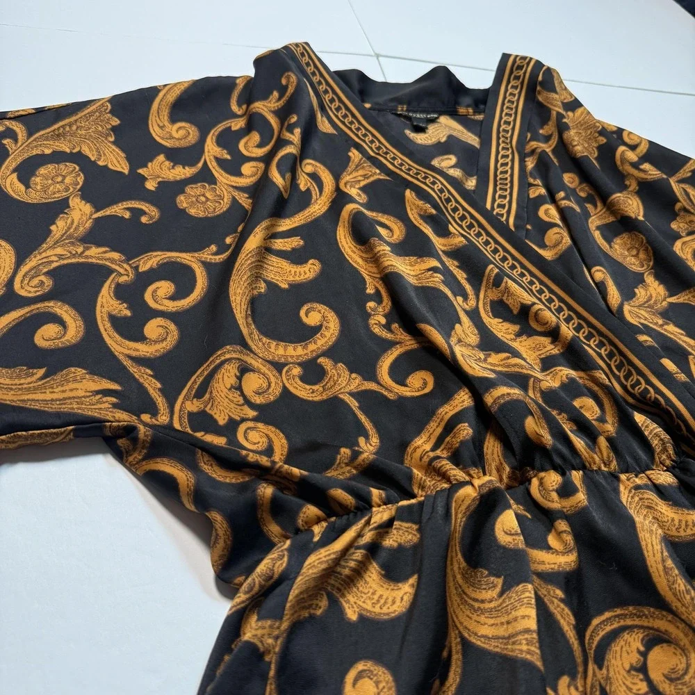 Guess Kimono Blouse Womens Medium Black Gold Baroque Floral Elastic Waist Top - Picture 2 of 5